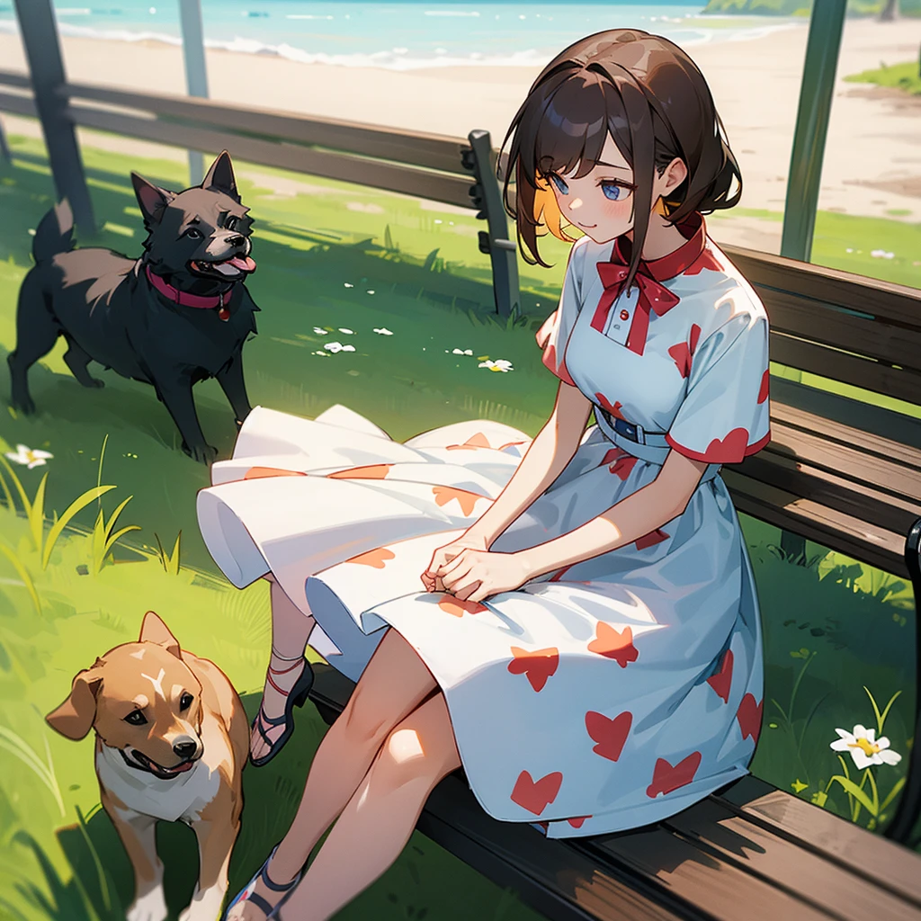Highest quality, A woman was sitting on a bench , summer_dress, dogs printed in the dress