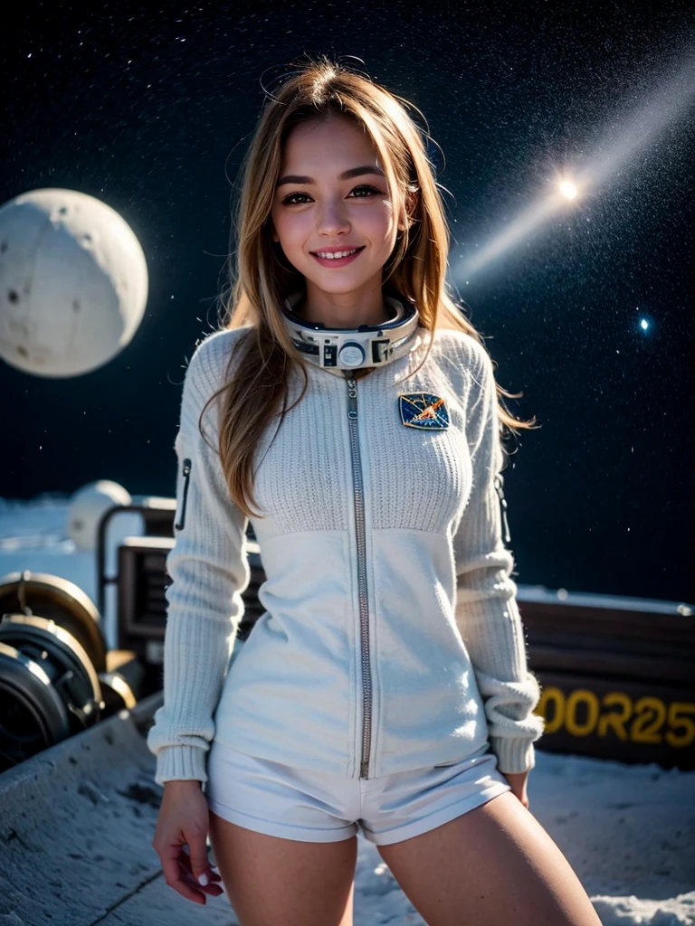(smile)、(((Staring at the audience)))、((Wearing a space suit standing on the moon)),((White bikini shorts))、wear spacesuits, 白いDressed in an astronaut costume, Cute girl in a tank top, girl in space, In space, (((Dressed in an astronaut costume))), woman astronaut, ((Open stance on the moon))、((Sexy young woman&#39;s body:1.4))、(dance)、Large bust、
Stand with your feet slightly apart、