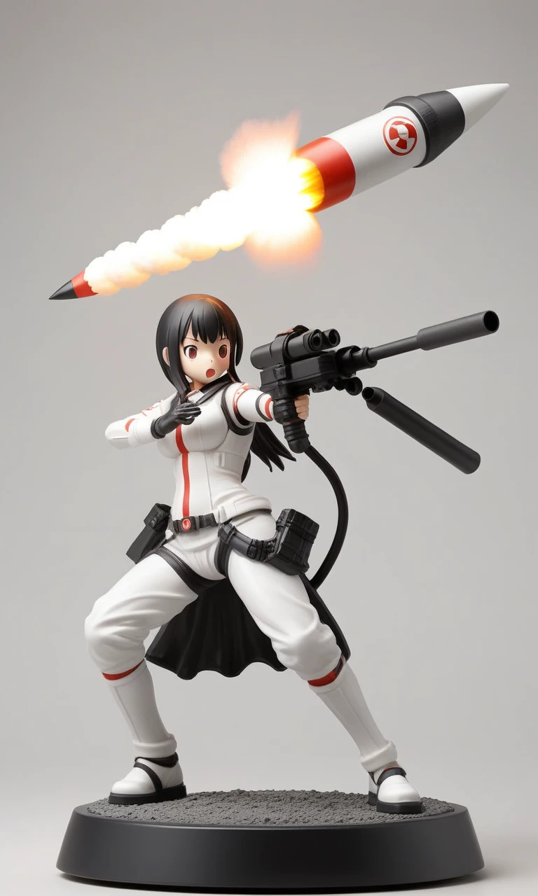 on a circular base, homu firing a rocket launcher, simple background