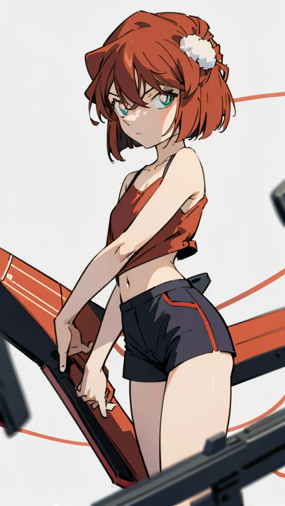 anime style, (1girl in, Solo:1.0), (Haibara Ai), ((Short pants)), (((Big eyes))), (Cute anime girl head), (flat chest),looking at viewer,With a height of 100cm, shoot from front, (head shot), Simple line minimalism, Abstract Art, City background, anime opening movie