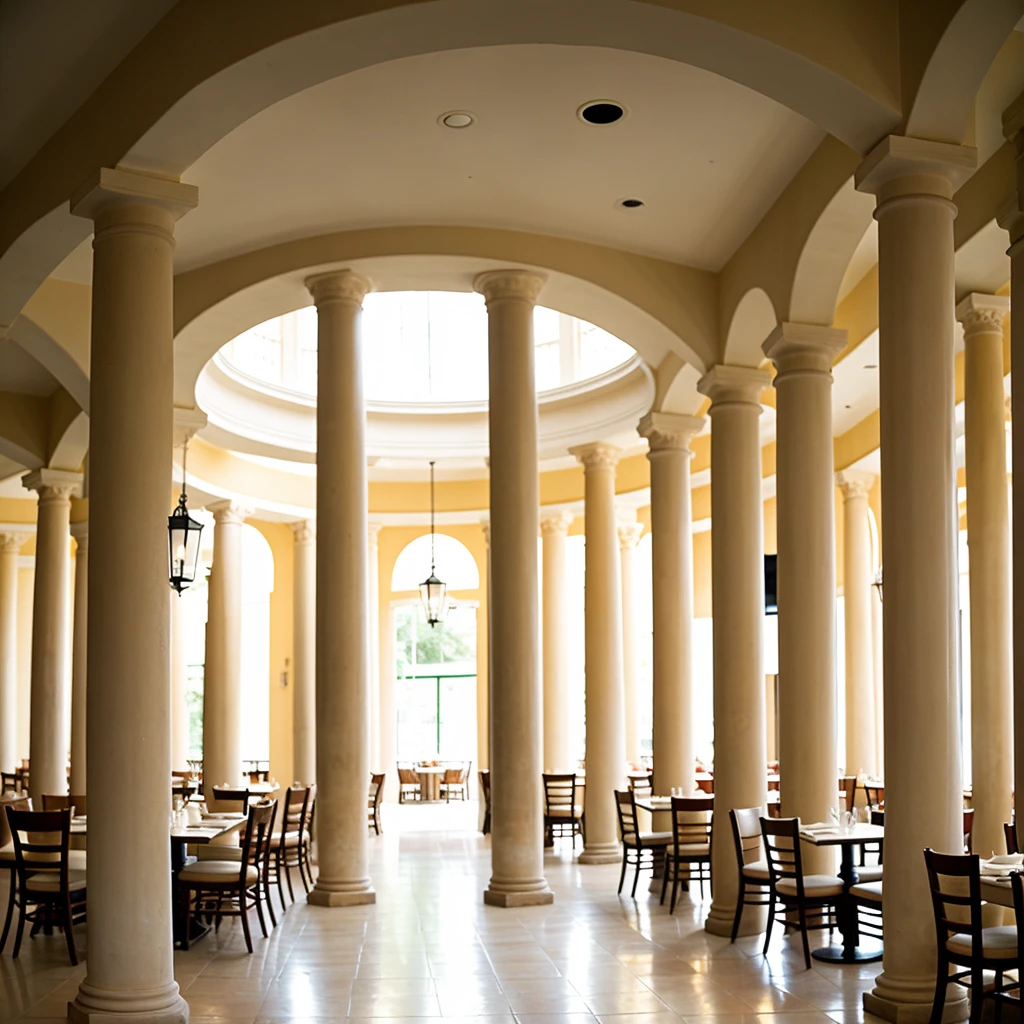 Interior for a restaurant with columns in the center in light colors