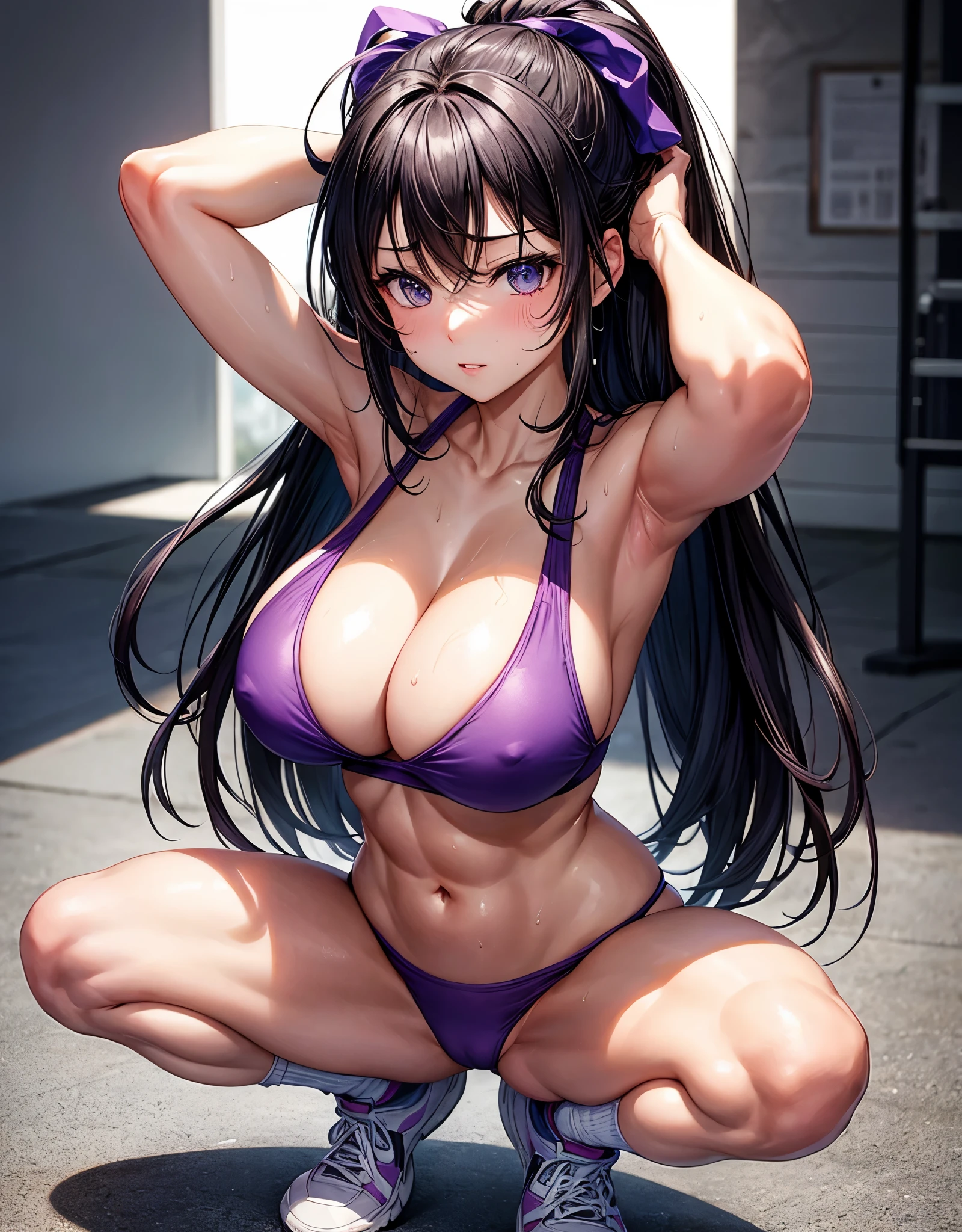 beautiful girl、Big Breasts、Black Hair、Long Straight、Great style、Nice body、Abdominal muscleuscular、Training Gym、Sports Bra、Light purple bra top、Cleavage、Light purple bikini pants、Beautiful buttocks、Toned Legs、Squat、Place your hands behind your head.、The whole body is visible、Sweaty skin、White training socks、shoes、One girl、True Face