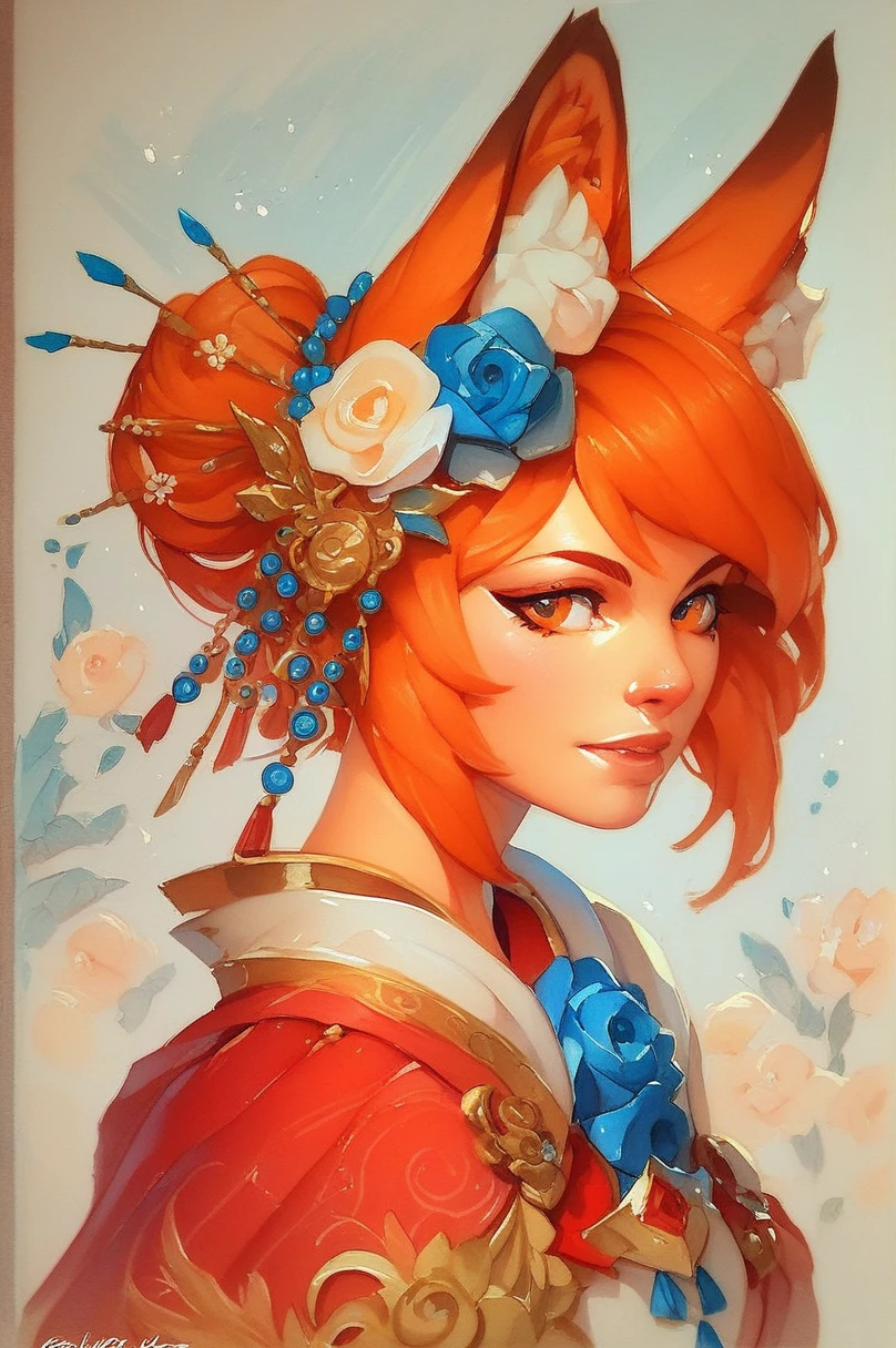 		(best quality, masterpiece)
		1girl,
		sen, animal ears, tail, fox ears, fox girl, fox tail, hair flower, hair ornament, orange eyes, orange hair, short hair,
		portrait of vin, beautiful,
		traditional media,