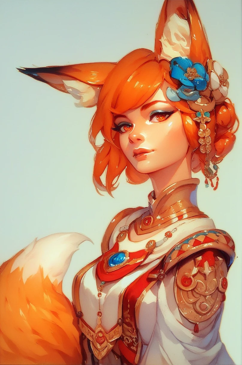 		(best quality, masterpiece)
		1girl,
		sen, animal ears, tail, fox ears, fox girl, fox tail, hair flower, hair ornament, orange eyes, orange hair, short hair,
		portrait of vin, beautiful,
		traditional media,