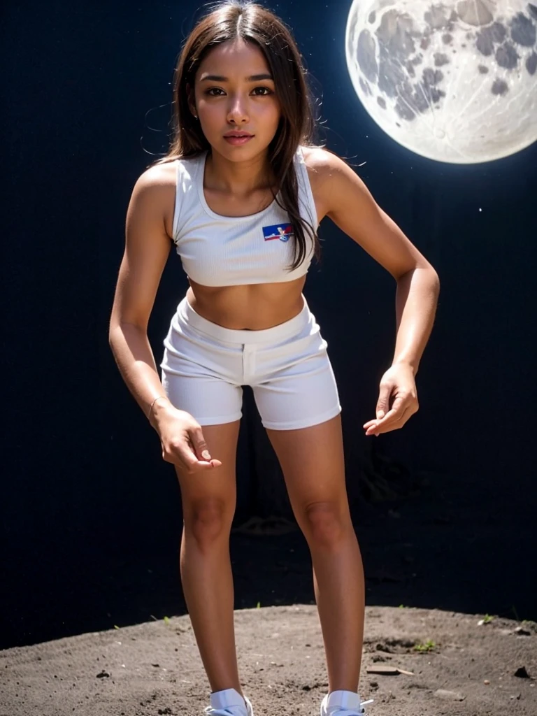 (smile)、(((Staring at the audience)))、((Wearing a space suit standing on the moon)),((White bikini shorts))、wear spacesuits, 白いDressed in an astronaut costume, Cute girl in a tank top, girl in space, In space, (((Dressed in an astronaut costume))), woman astronaut, ((Open stance on the moon))、((Sexy young woman's body:1.4))、(dance)、Large bust、
Stand with your feet slightly apart、