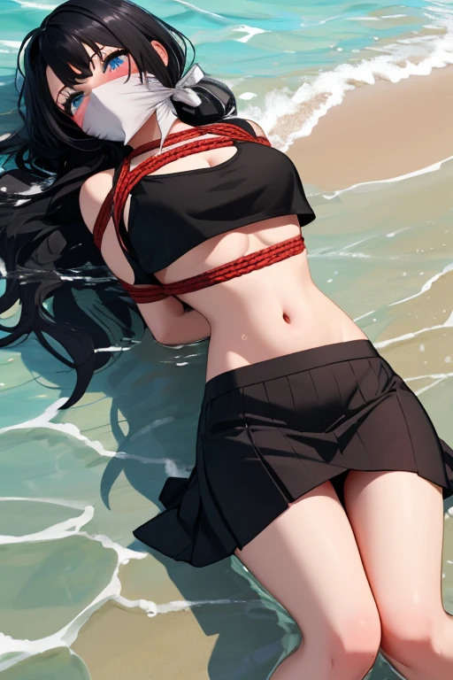 1 girl, detailed blue eyes, lange wimpern, detailed beautiful face, (Long black hair:1.4), (arms behind back:1.6), gefesselte Arme, Red rope, blushing, (Big boobs:1.2), (White crop top, black skirt:1.5), OTN, Gag, gagged, shibari, laying at a beach, liegend, nah aufnahmen, laying in water