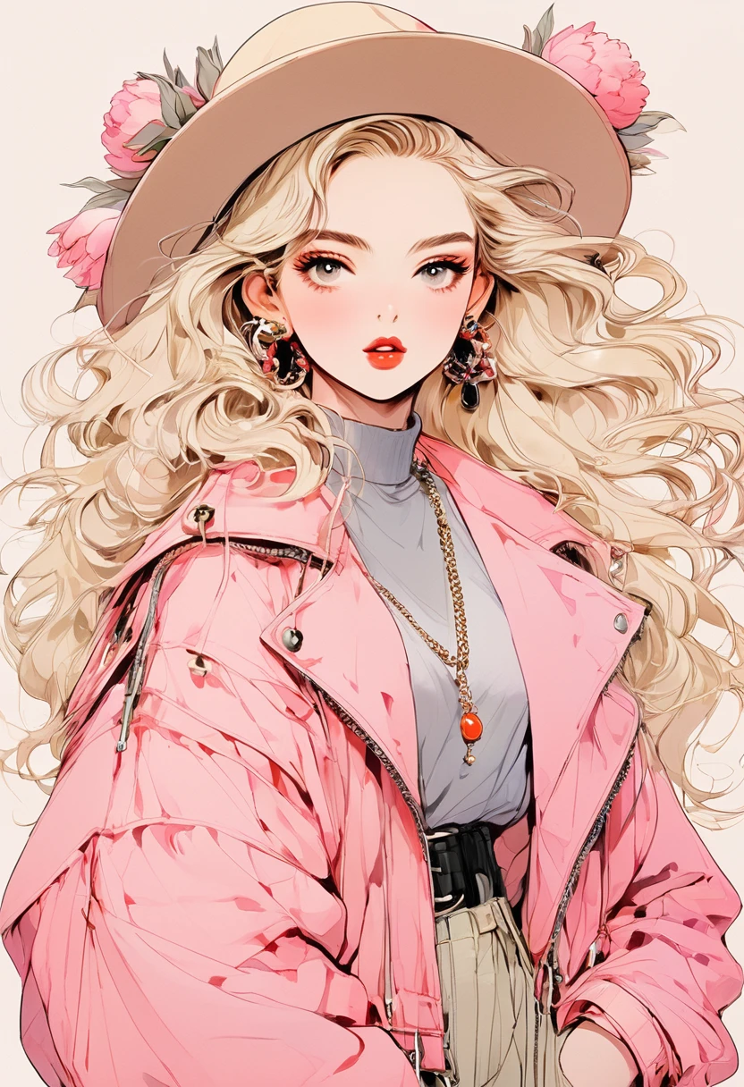 (Highest quality:0.8), (Highest quality:0.8), Perfect illustration,Beautiful woman portrait、One girl, bangs, Black nails, Blonde, Mouth closed, clavicle, ear Earrings, Earrings, Fashion G, hair ornaments, Food, Foodie, Jacket, jewelry, looking at iniewer, Medium Hair, Manicure, necklace, Earrings, short hair, Peony stalk, sleeines past wrists, 一人in, Both sides up, Upper Body, in, Pop Background、Droopy eyes、Celebrity Hat