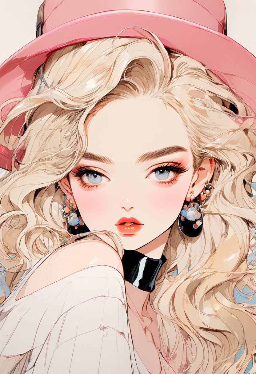 (Highest quality:0.8), (Highest quality:0.8), Perfect illustration,Beautiful woman portrait、One girl, bangs, Black nails, Blonde, Mouth closed, clavicle, ear Earrings, Earrings, Fashion G, hair ornaments, Food, Foodie, Jacket, jewelry, looking at iniewer, Medium Hair, Manicure, necklace, Earrings, short hair, Peony stalk, sleeines past wrists, 一人in, Both sides up, Upper Body, in, Pop Background、Droopy eyes、Celebrity Hat