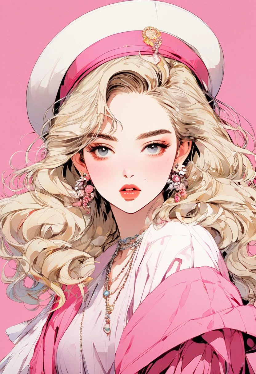 (Highest quality:0.8), (Highest quality:0.8), Perfect illustration,Beautiful woman portrait、One girl, bangs, Black nails, Blonde, Mouth closed, clavicle, ear Earrings, Earrings, Fashion G, hair ornaments, Food, Foodie, Jacket, jewelry, looking at iniewer, Medium Hair, Manicure, necklace, Earrings, short hair, Peony stalk, sleeines past wrists, 一人in, Both sides up, Upper Body, in, Pop Background、Droopy eyes、Celebrity Hat
