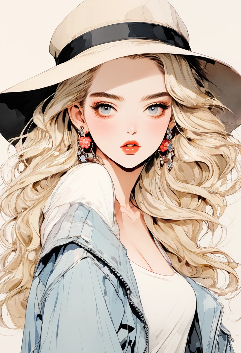 (Highest quality:0.8), (Highest quality:0.8), Perfect illustration,Beautiful woman portrait、One girl, bangs, Black nails, Blonde, Mouth closed, clavicle, ear Earrings, Earrings, Fashion G, hair ornaments, Food, Foodie, Jacket, jewelry, looking at iniewer, Medium Hair, Manicure, necklace, Earrings, short hair, Peony stalk, sleeines past wrists, 一人in, Both sides up, Upper Body, in, Pop Background、Droopy eyes、Celebrity Hat
