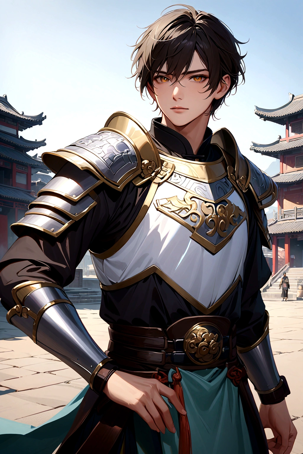 25 year old Chinese man,middle aged man,realistic,chinese_Armor,alone,Background of ancient chinese cities,detailed_eye,shoulder_Armor, pitching,(검은 eye),looking at viewer,(masterpiece:1.2), (best quality:1.2), perfect eye, perfect face, perfect lighting, (8K),(complete anatomy), Nee Shot