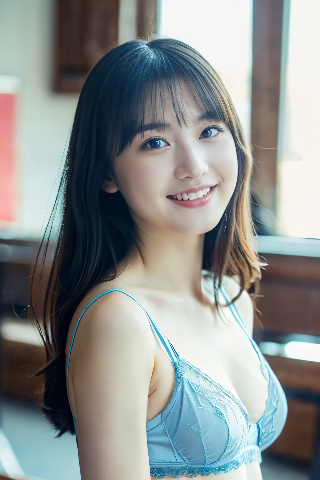 1girl, standing Japanese, 15-years-old, cute face, (pale blue bra, pale blue lingerie:1.4), ((best quality)), (masterpiece), (realistic shadow), (depth of field), (intricate details:1.4), front lighting:1.1, (Gentle, goddess-like eyes: 1.2), BREAK film grain, (bokeh:1.4), (high school student girl:1.3), (thighs focus:1.2), (in classroom:1.3), (crowd of female students studying:1.4), BREAK (dynamic angle:1.3), dynamic pose, retro feeling, (glamorous feeling:1.3), (full body:1.4), (standing:1.3), (looking front:1.4), grin,