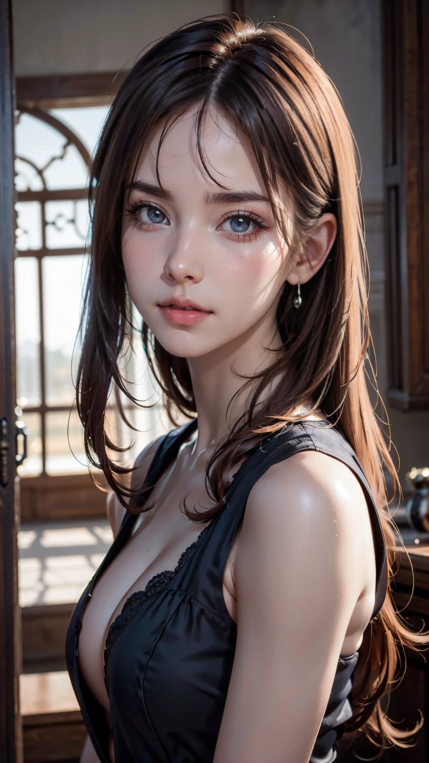 8K, Highest quality, masterpiece:1.2), (Realistic, photo-Realistic:1.37), Highest quality, masterpiece, Beautiful young woman, Pensive expression, Thoughtful expression, Elegant clothing, Tie your hair back, Messy mood, Movie Background, tired, Light skin tone