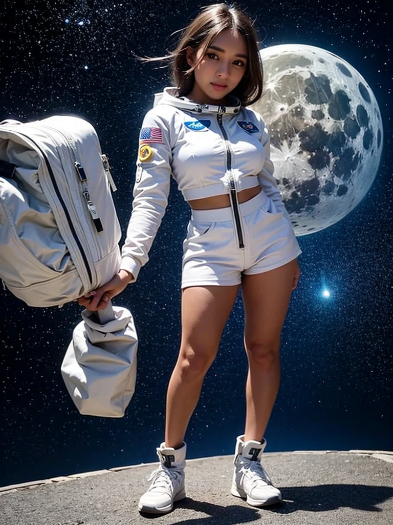 (smile)、(((Staring at the audience)))、((Wearing a space suit standing on the moon)),((White bikini shorts))、wear spacesuits, 白いDressed in an astronaut costume, Cute girl in a tank top, girl in space, In space, (((Dressed in an astronaut costume))), woman astronaut, ((Open stance on the moon))、((Sexy young woman&#39;s body:1.4))、(dance)、Large bust、
Stand with your feet slightly apart、