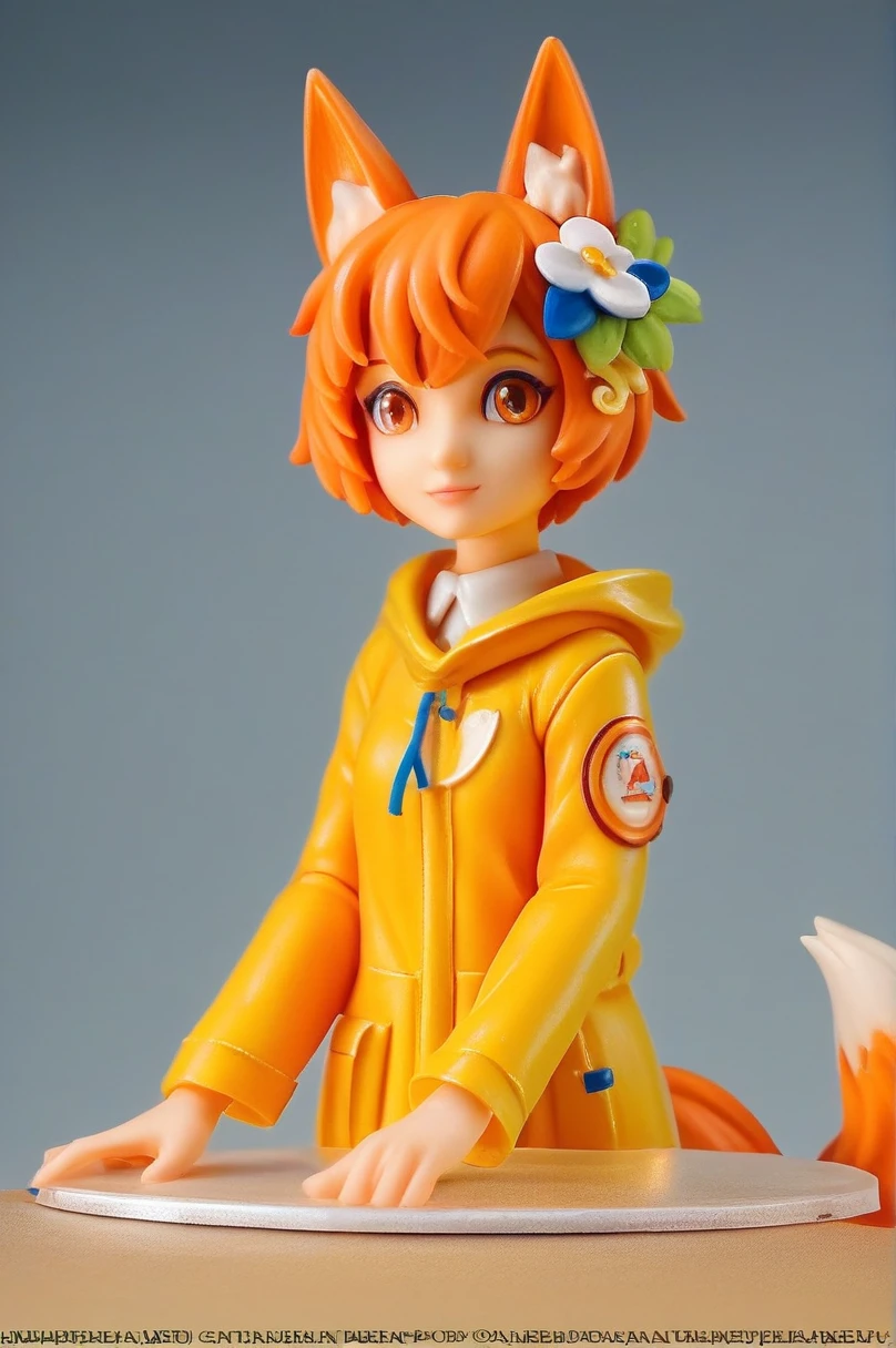 masterpiece, best quality, amazing aestethics, 4k, 1girl, orange raincoat, cute, (pvc figure style:1.4), figure, (best quality, masterpiece) 1girl, sen, animal ears, tail, fox ears, fox girl, fox tail, hair flower, hair ornament, orange eyes, orange hair, short hair, portrait of vin, beautiful, traditional media, basic background, blurry background, cowboy shoot:1.3, (foggy background, inside, clear room, on table:1.2)
