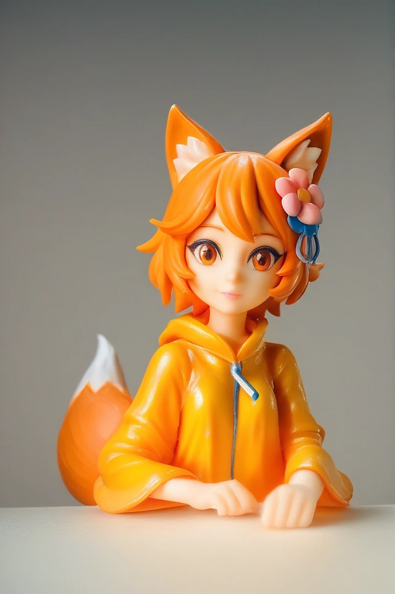 masterpiece, best quality, amazing aestethics, 4k, 1girl, orange raincoat, cute, (pvc figure style:1.4), figure, (best quality, masterpiece) 1girl, sen, animal ears, tail, fox ears, fox girl, fox tail, hair flower, hair ornament, orange eyes, orange hair, short hair, portrait of vin, beautiful, traditional media, basic background, blurry background, cowboy shoot:1.3, (foggy background, inside, clear room, on table:1.2)
