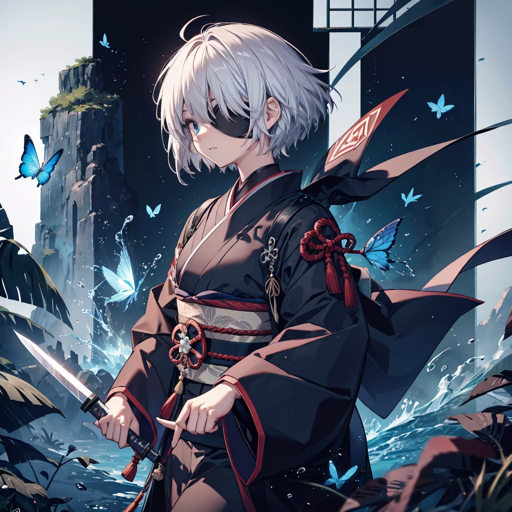 (((1 person Put on an eye patch Gray Hair))) ((High resolution short hair Black kimono Shoulder knifeを胸の前で構える)) ((Black Band samurai Lonely despair blue eyes Close-up)) ((Blue Butterfly night Japanese style old Shining Aura garden water surface Catch the wind)) (dance 日本knife knife Slashing) moonlight star Draw your sword Shining Background Shining Edge
