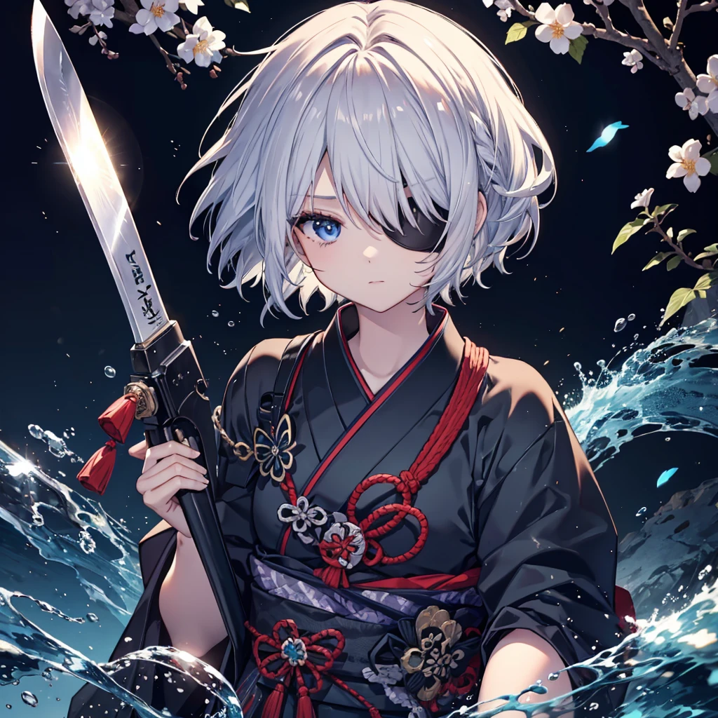 (((1 person Put on an eye patch Gray Hair))) ((High resolution short hair Black kimono Shoulder knifeを胸の前で構える)) ((Black Band samurai Lonely despair blue eyes Close-up)) ((Blue Butterfly night Japanese style old Shining Aura garden water surface Catch the wind)) (dance 日本knife knife Slashing) moonlight star Draw your sword Shining Background Shining Edge