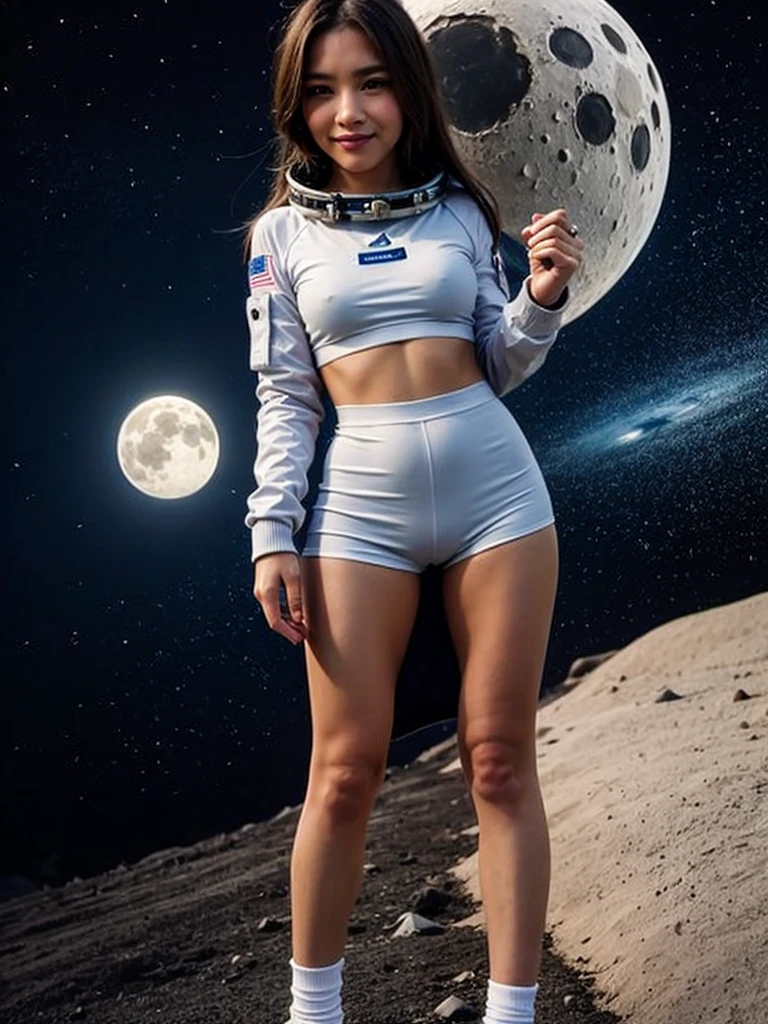 (smile)、(((Staring at the audience)))、((Wearing a space suit standing on the moon)),((White bikini shorts))、wear spacesuits, 白いDressed in an astronaut costume, Cute girl in a tank top, girl in space, In space, (((Dressed in an astronaut costume))), woman astronaut, ((Open stance on the moon))、((Sexy young woman&#39;s body:1.4))、(dance)、Large bust、
Stand with your feet slightly apart、
