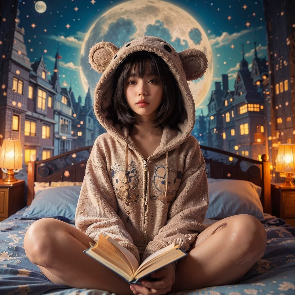 women, bob haircut with bangs, wearing a cute creature full suit with hoodie, bedroom, sparkling mural of full moon and clouds, sitting on the bed, holding a book, cinematic, intricate details, extremely detailed, best quality