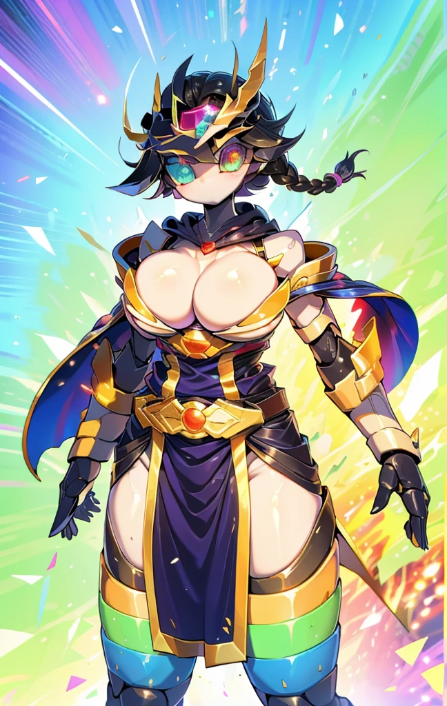 quality\(8K,Extremely detailed CG unit wallpaper, masterpiece,high resolution,top-quality,top-quality real texture skin,Surrealism,提high resolution,RAW photos,Best quality,Very detailed,,light,Ray Tracing,Golden Ratio\),Mechanical Girl,Doll girl,Glowing eyes,Doll eyes,matriarchal,braid,垂在胸侧的braid,mature body,Mature system,cloak,小cloak,小cloak,bandeau outfit,Off-shoulder dress,Strapless dress style,cute,gentle,gentle,kindliness,Slender figure,Close-up above the waist,Big breasts,Big Tits,belt,机械belt,Tights,Tights,宝石belt,宝石belt,White skin,White underwear,袍子front swing,front swing,Gradient over-the-knee socks,Nude Apron,Rainbow gradients,Gradient color arm guard,Gradient color sleeves