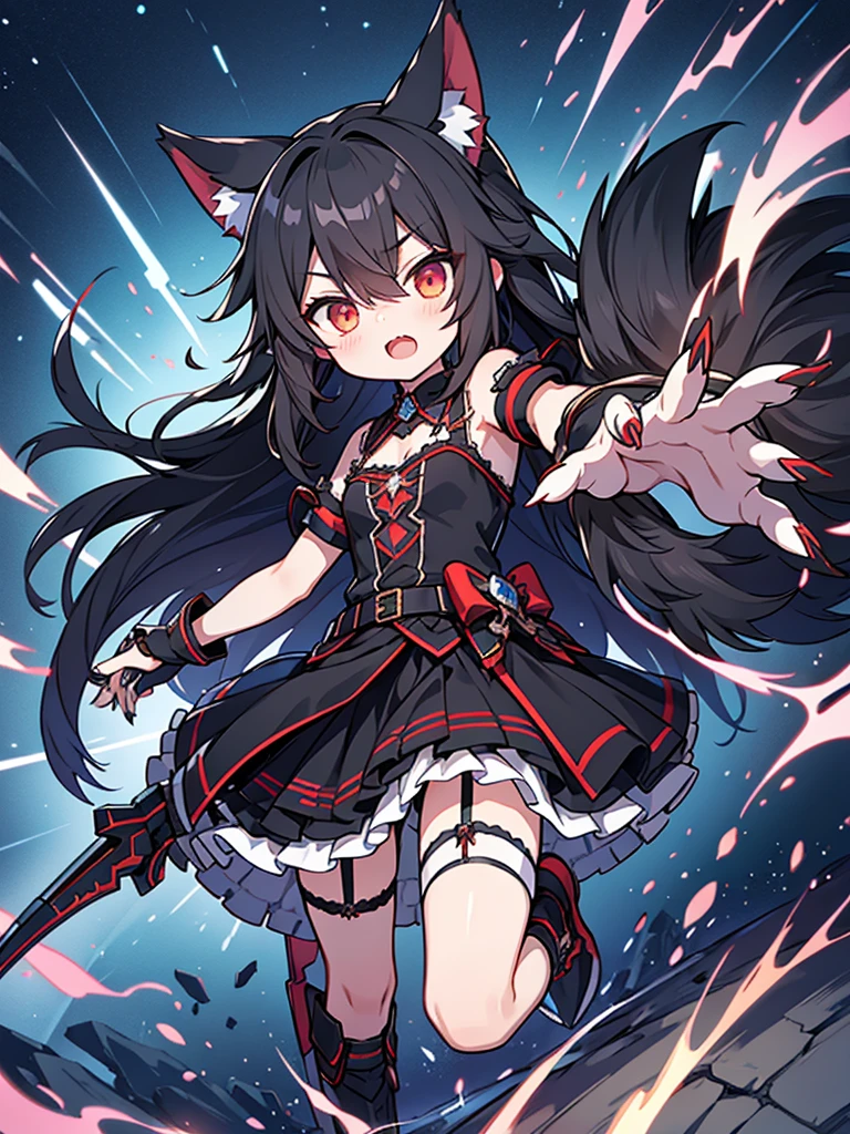 black long straight hair shota,hyper cute fenrir shota,ultra frilly miniskirt dress,holding glowing claw weapon,fenrir's claw attack,garter belt,