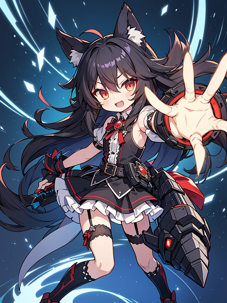 black long straight hair shota,hyper cute fenrir shota,ultra frilly miniskirt dress,holding glowing claw weapon,fenrir's claw attack,garter belt,