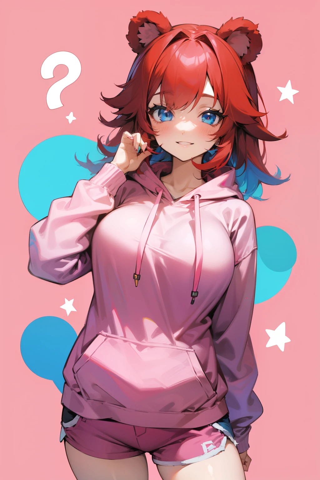 Cute girl, red hair, blue eyes, smile, pink hoodie, colorful shorts, big breasts, bear ears