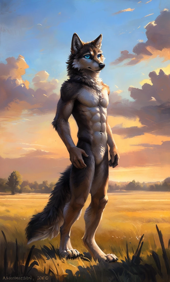 ((Solo)), male people, anthro wolf, (Multi-colored fur, White-brown:1.3,White tail pointed), (Height 2.1m,Tail length 1.5m), ((Wolf face, Big eyes, White eyelids, Blue pupil, Slim:1.2) (Tough, Calm expression:1.2)), Abs, Slim, pinging)), (Correct anatomy), Naked all over the body,A long big tail,Feet,(Realistic fur, Detailed fur texture, labeled:1.3)), (Natural lighting), Photorealistic, Hyperrealistic, ultradetailed, by Kenket,Field,No artifacts