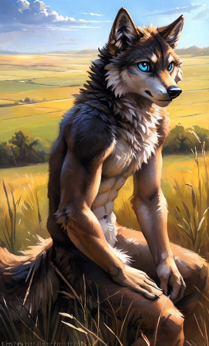 ((Solo)), male people, anthro wolf, (Multi-colored fur, White-brown:1.3，White tail pointed), (Height 2.1m,Tail length 1.5m), ((Wolf face, Big eyes, White eyelids, Blue pupil, Slim:1.2) (Tough, Calm expression:1.2)), Abs, Slim, pinging)), (Correct anatomy), Naked all over the body,A long big tail，Feet，(Realistic fur, Detailed fur texture, labeled:1.3)), (Natural lighting), Photorealistic, Hyperrealistic, ultradetailed, by Kenket，Field，No artifacts
