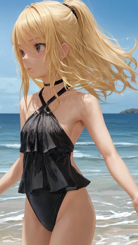 1 girl, blond Hair, wearing black swimmsuit, beach in Background 