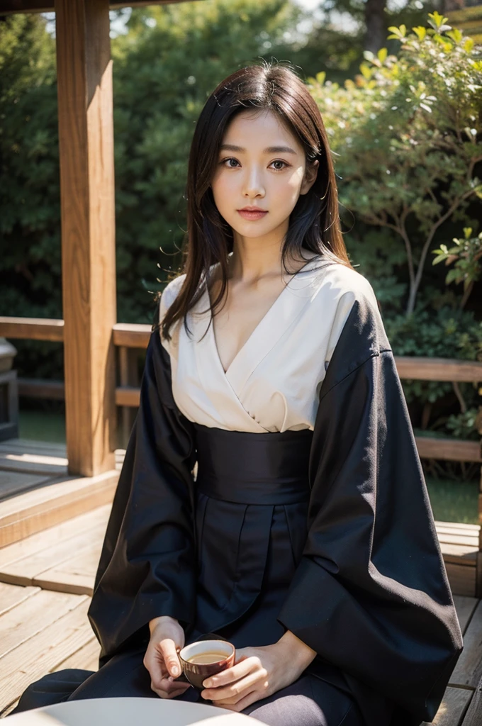 ((Highest quality)), ((masterpiece)), (detailed), Perfect Face, Beautiful big eyes, High cheekbones, A soft smile, Handsome, Medium-long black hair, kimono, Traditional Japan garden background, Sitting and drinking tea pose, Low camera angle, Short focal length, masterpiece, Best Quality, Illustration, Ultra-detailed, finely detail, high resolution, 8K Wallpaper, Perfect dynamic composition, Beautiful detailed eyes.