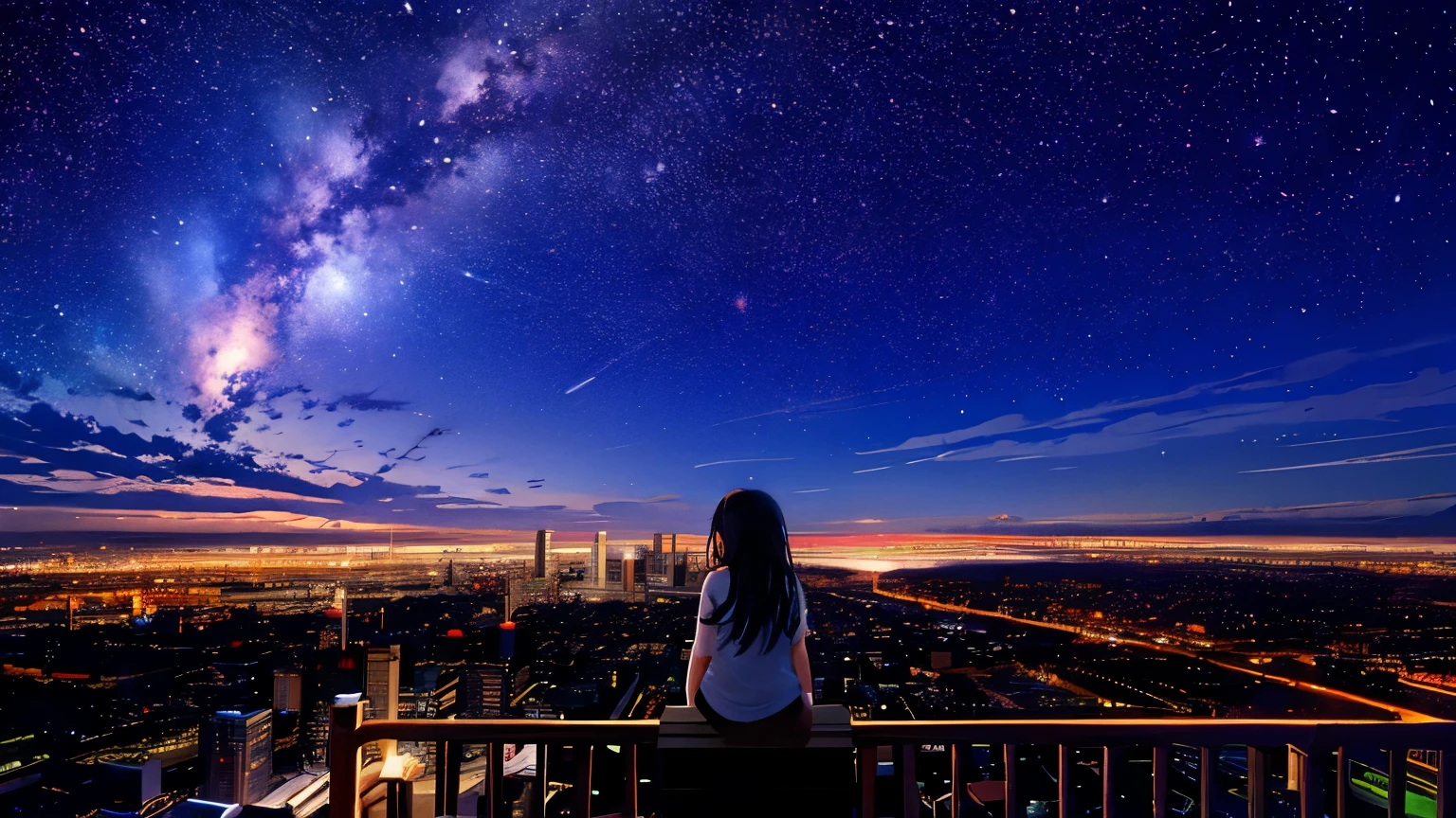Octane, null, star (null), scenery, starry null, night, One girl, night null, alone, Outdoor, building, cloud, milky way, Sitting, wood, Long Hair, city, silhouette, cityscape