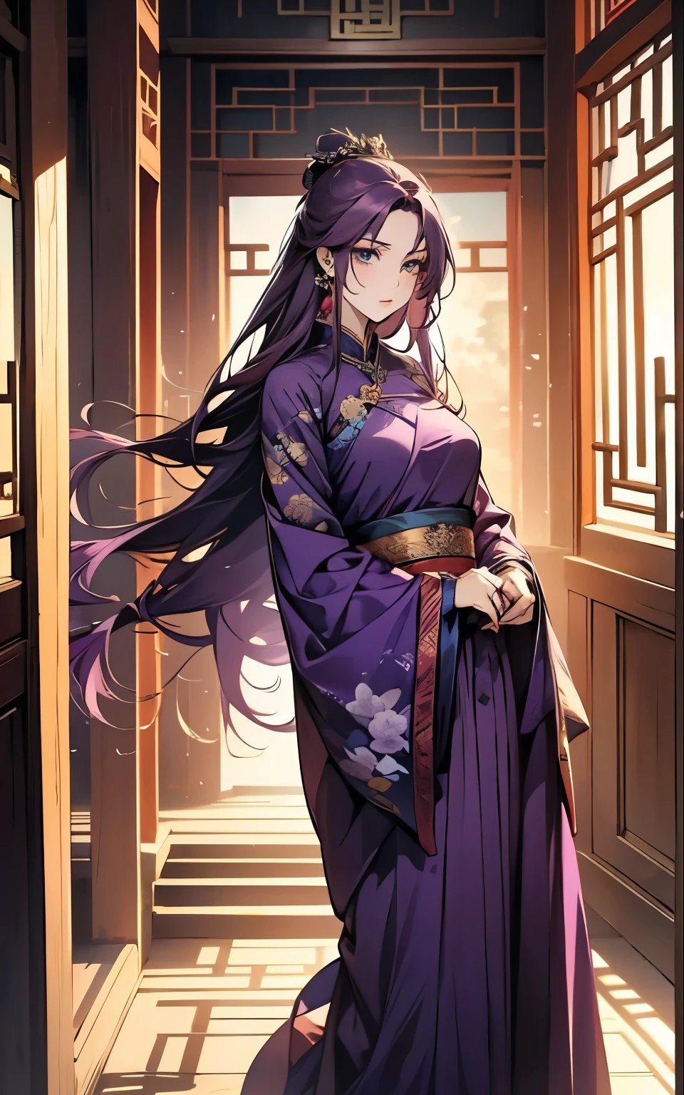 1 middle-aged women, (45 years old), long purple hair, blue eyes, chinese clothes, (!PURPLE! clothes, ultra long skirt ), walking chinese room, portrait