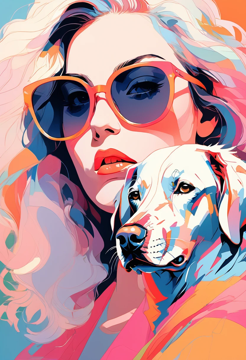 (Highest quality:0.8), (Highest quality:0.8), Perfect illustration,Portrait of a beautiful woman and her dog(Highest quality:1.2, City Pop Style, Very detailed, up to date, Vibrant, High Contrast, masterpiece:1.2, Highest quality, Best aesthetics), girl, ((Face Up Shot:1.4)), Colorful Hair, Bobcut, pastel colour, 1980s style, ((Retro, Vintage, Solid color background)), (sunglasses).