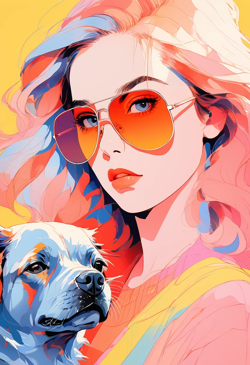 (Highest quality:0.8), (Highest quality:0.8), Perfect illustration,Portrait of a beautiful woman and her dog(Highest quality:1.2, City Pop Style, Very detailed, up to date, Vibrant, High Contrast, masterpiece:1.2, Highest quality, Best aesthetics), girl, ((Face Up Shot:1.4)), Colorful Hair, Bobcut, pastel colour, 1980s style, ((Retro, Vintage, Solid color background)), (sunglasses).