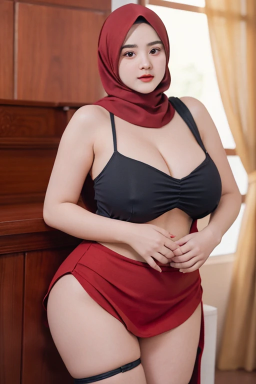 beautiful woman in red hijab and mini skirt, big breasts sticking out, nipples sticking out, thick cleavage, naked, sexy pose, curvaceous, big thighs, big buttocks, eyes looking at the camera, slim body, faint smile, Naughty, 20 year old woman with body slim and big breasts, muted colors, high contrast, natural skin texture , hyperrealism, soft light, sharp, big breasts (big breasts: 1.4), giant, big breasts, breasts bigger than the body, giant breasts, giant, plump, nakednaked