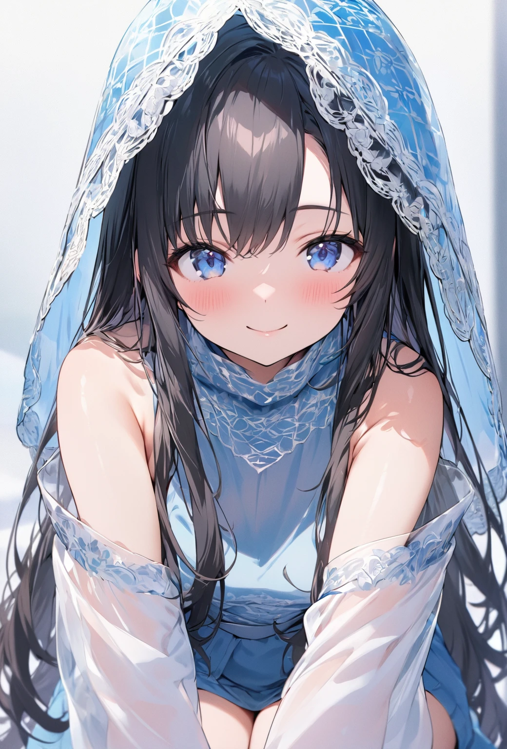 ((Highest quality)), ((masterpiece)), ((Very detailed)), (Very mature),A cute, gentle-looking female high school student with black hair and a height of about 165cm.,A female high school student with a cute smile and small breasts wearing a transparent blue waifus with a cute patterned hood and bare shoulders, alone, Cute attitude,(background(bright),Long Hair - Straight,Knee-high socks、A transparent blue veil with a cute pattern and white hood with off-the-shoulder sleeves,White wall、Sitting、Facing the viewer、縁に模様がある壁が1面のbackground
