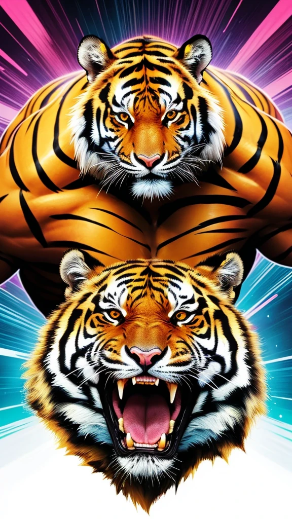 
“Create an image of a tiger in the style of JoJo’s Bizarre Adventure. The tiger should have exaggerated, muscular features, a dynamic and heroic pose, intense expression, and manga-style action lines. The background should be vibrant with dramatic, colorful bursts.”