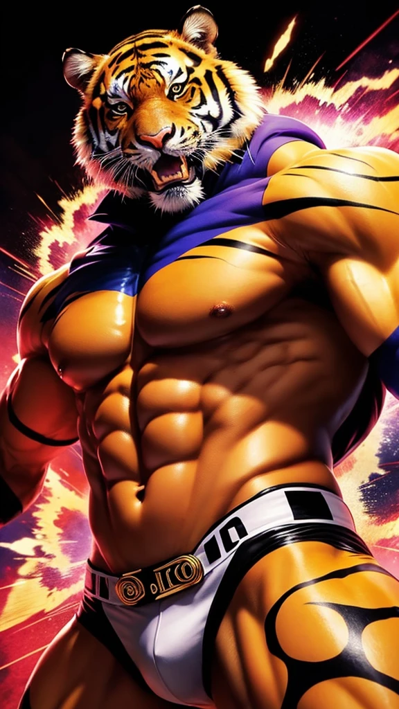 “Create an image of a tiger in the style of JoJo’s Bizarre Adventure. The tiger should have exaggerated, muscular features, a dynamic and heroic pose, intense expression, and manga-style action lines. The background should be vibrant with dramatic, colorful bursts.”