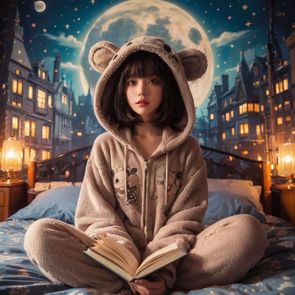 women, bob haircut with bangs, wearing a cute creature full suit with hoodie, bedroom, sparkling mural of full moon and clouds, sitting on the bed, holding a book, cinematic, intricate details, extremely detailed, best quality