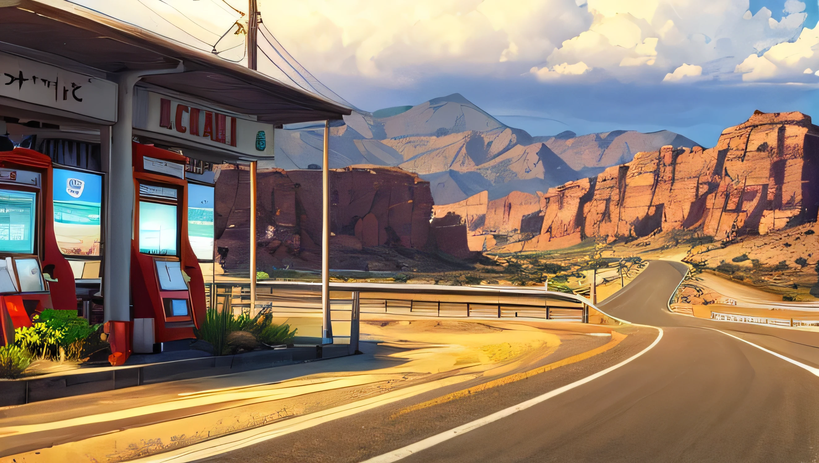 West Coast Drive、Route 66 signs、Historic gas station、Vast desert landscape、Old Motel、Straight highway