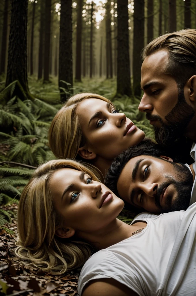 A man woman couple lying in a spooky forest, the blonde-haired woman and the dark-skinned man with a beard and short hair