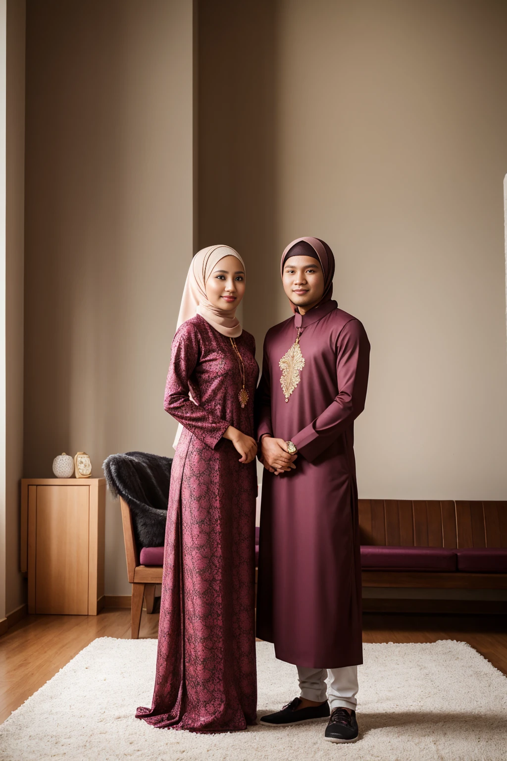 studio photo of a young Indonesian couple. full body, wearing Muslim clothes with the same motif. 32 year old husband with neat thin hair and a clean face, 30 year old wife wearing a hijab that matches her clothes, detailed face, detailed clothes, living room background, bright lighting, bright sunlight, detailed background
