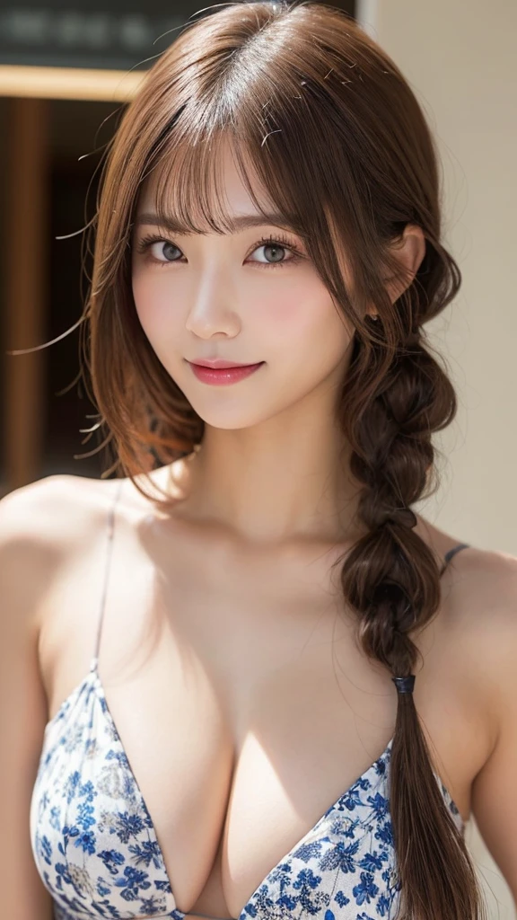 Japanese 、(Random Hairstyles:1.2)、Cleavage:1.2、Super detailed face、Attention to detail、double eyelid、Put your chest together、Sharp focus:1.2、Beautiful woman:1.4、Light brown hair、highest quality、masterpiece、Sexy pose,smile、Swimwear、whole body
