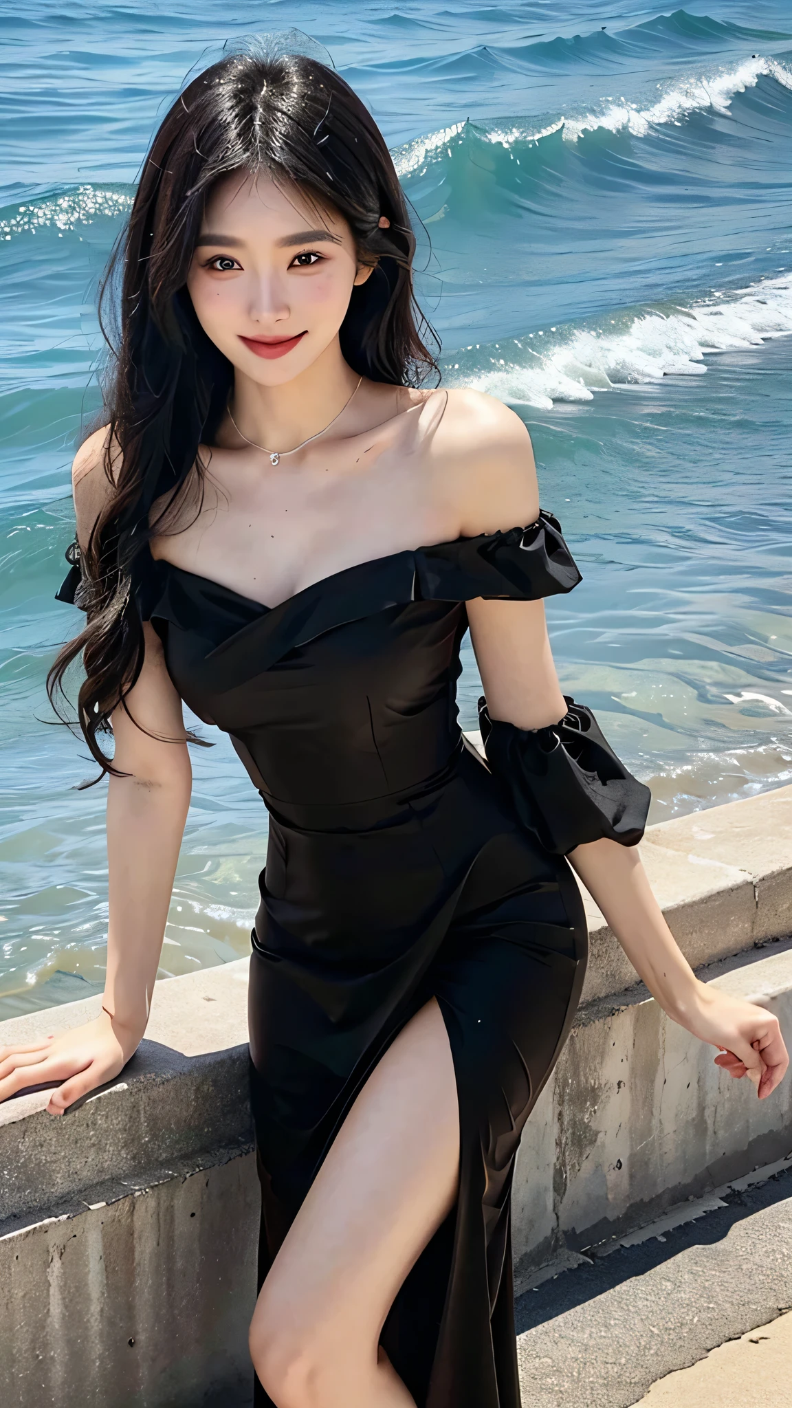 A sweet girl by the beach,voluminous hair,Delicate face,Photorealsitic,of a real,largeaperture,wears a black dress,A cropped dress,Off-the-shoulder,A dress around the neck,Slim,smiles,Ultra-high resolution
