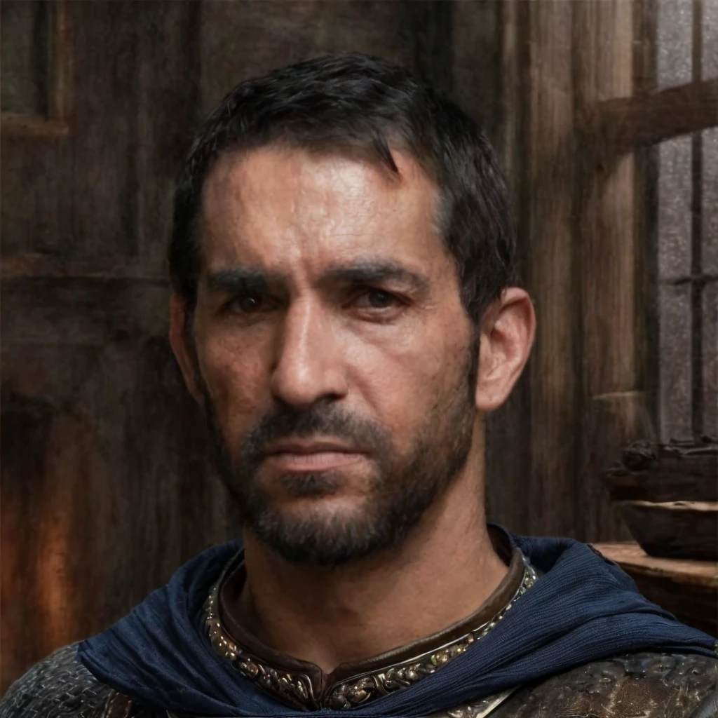 (masterpiece)+, (extremely (realistic)+,a portrait of an ugly adult male small town bailiff, wearing blue coat and chainmail shirt, skin imperfections, Focused stare. Looking in camera. volumetrics dtx, Photorealistic, ultra detailed, Artstation trending, very very detailed, realistic shaded lighting, dynamic shadows, detailed Blurred fantasy bright vast wheat fields and villagers houses background, upper body, professional photograph of a detailed skin, sharp focus, dramatic, award winning, cinematic lighting, octane render, unreal engine, volumetrics dtx, Photorealistic, ultra detailed, Artstation trending, very very detailed, hyperrealistic, fine details, realistic shaded lighting, dynamic shadows, Blurred fantasy bright vast wheat fields and villagers houses background, add_detail:1, skin pores and wrinkles, details.,More Reasonable Details