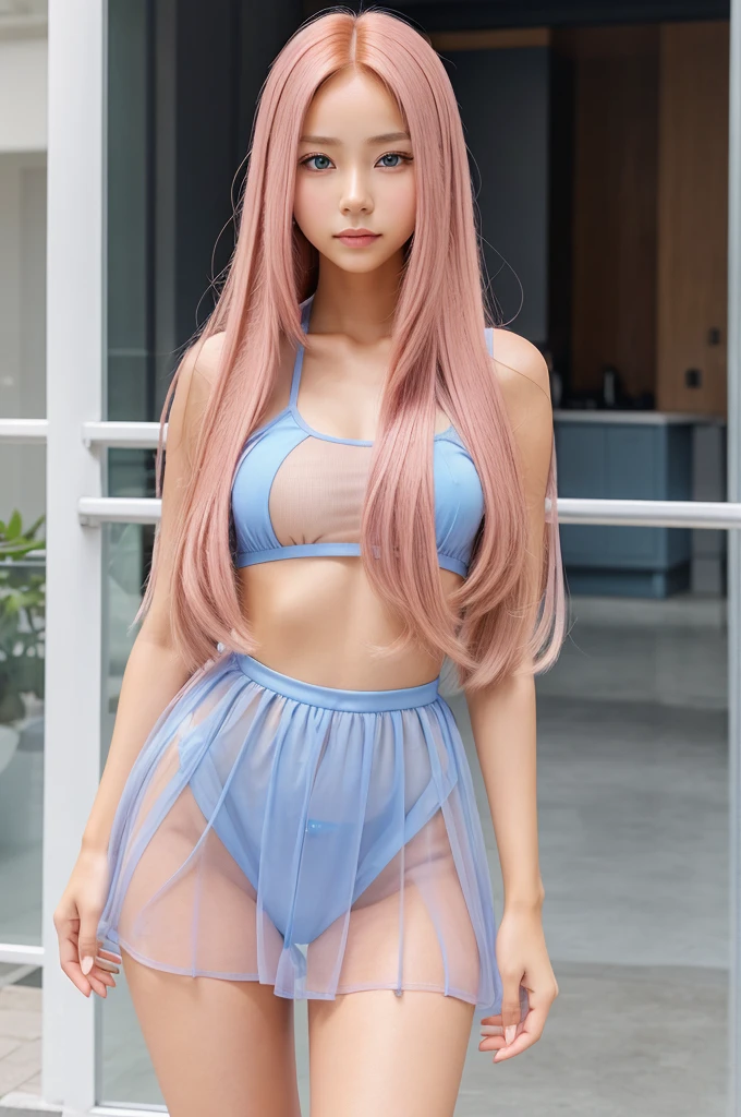 A anime girl with tan skin tone with straight pink long hair with Blue eyes and blushing on cheeks and wearing transparent clothes standing straight looking in front 