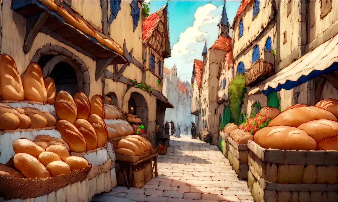 ((((masterpiece, Highest quality, High resolution)))),High detail, manga,anime,Illustration Style,Use of bright colors,Ghibli Studio,Similar to the colors used in daytime scenes, Medieval European fantasy world, Extremely detailed 8K, High detail, bakery,Lots of delicious looking bread,bakeryの店内,indoor,Shelves lined with bread,