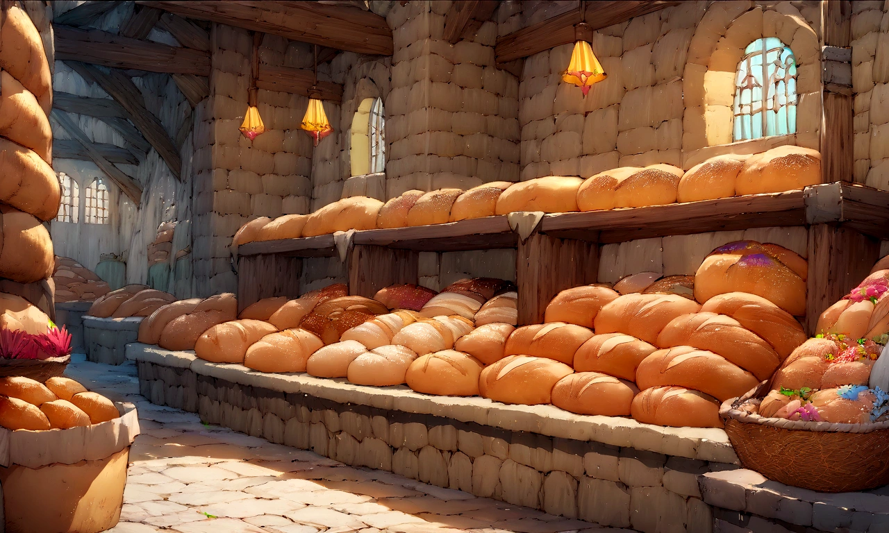 ((((masterpiece, Highest quality, High resolution)))),High detail, manga,anime,Illustration Style,Use of bright colors,Ghibli Studio,Similar to the colors used in daytime scenes, Medieval European fantasy world, Extremely detailed 8K, High detail, bakery,Lots of delicious looking bread,bakeryの店内,indoor,Shelves lined with bread,